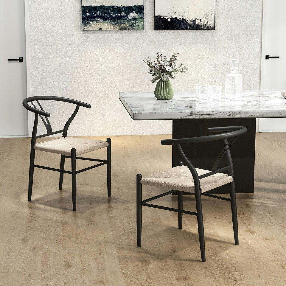 image 1 of HOMCOM Weave Dining Chairs Set of 2 with Y-Shaped Backrest Hemp Seat Black Black