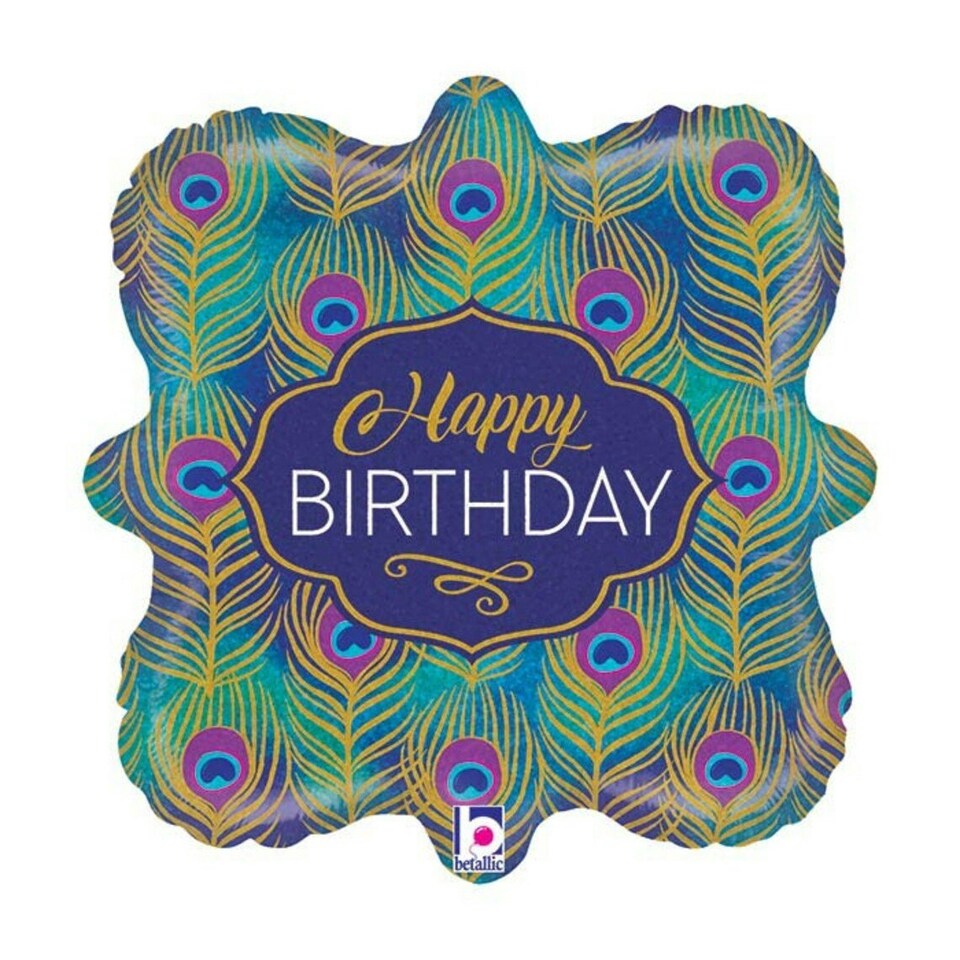 Betallic Glitter Peacock Happy Birthday Foil Balloon - Blue/Green/Yellow - One Size