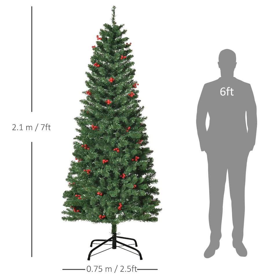 image 1 of HOMCOM 7FT Prelit Pencil Christmas Tree w/ LED Light, Berry, Xmas Decoration