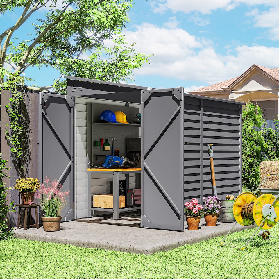 image 1 of Outsunny 5 x 9ft Galvanised Metal Garden Shed with Foundation Kit, Outdoor Leanto Shed, Tool Storage House with Lockable Doors, Gloves and 2 Air Vents for Patio, Garden, Grey | Grey | Grey