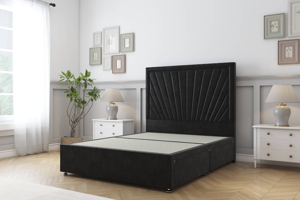 image 1 of Sloomy Somerset Black Plush Divan Bed Base 2 Drawers Foot-End With 26 Inch Strutted Headboard | Black | Black | Small Double | 1