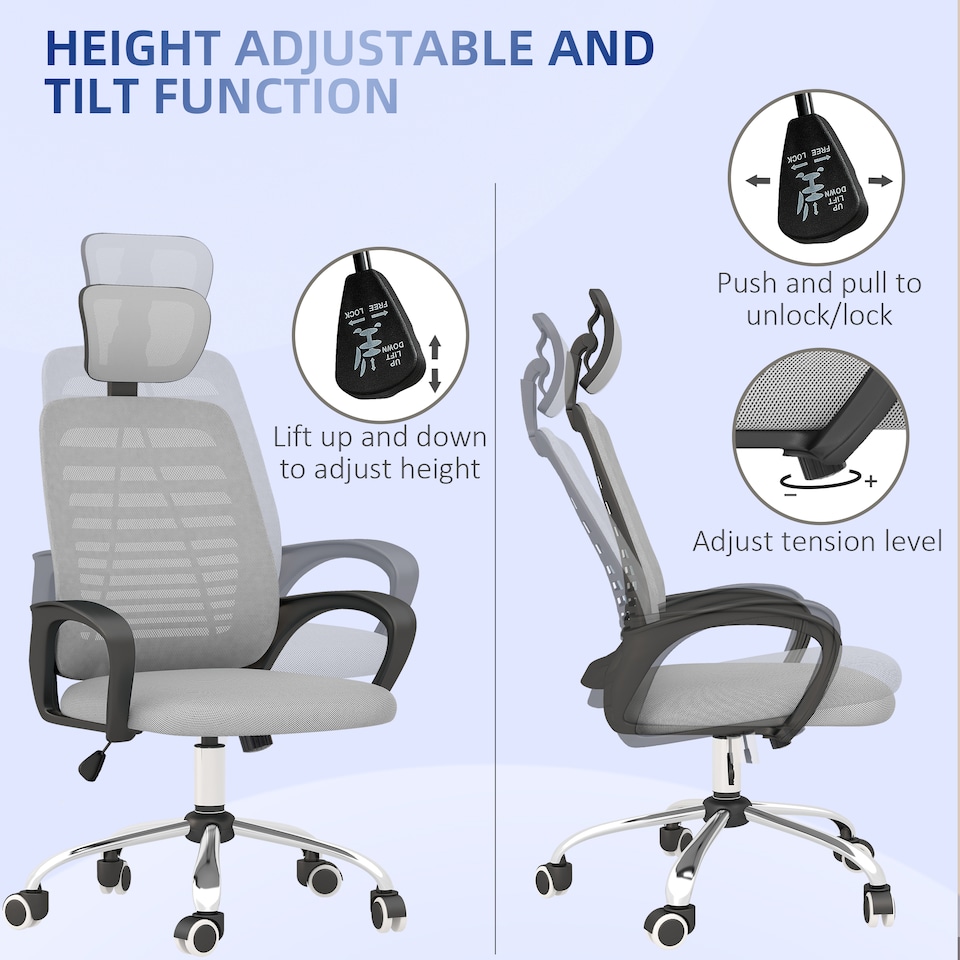 image 1 of Vinsetto Mesh Office Chair, Ergonomic Computer Desk Chair with Adjustable Headrest, Lumbar Back Support, Armrest, Adjustable Height, Swivel Wheels, Grey