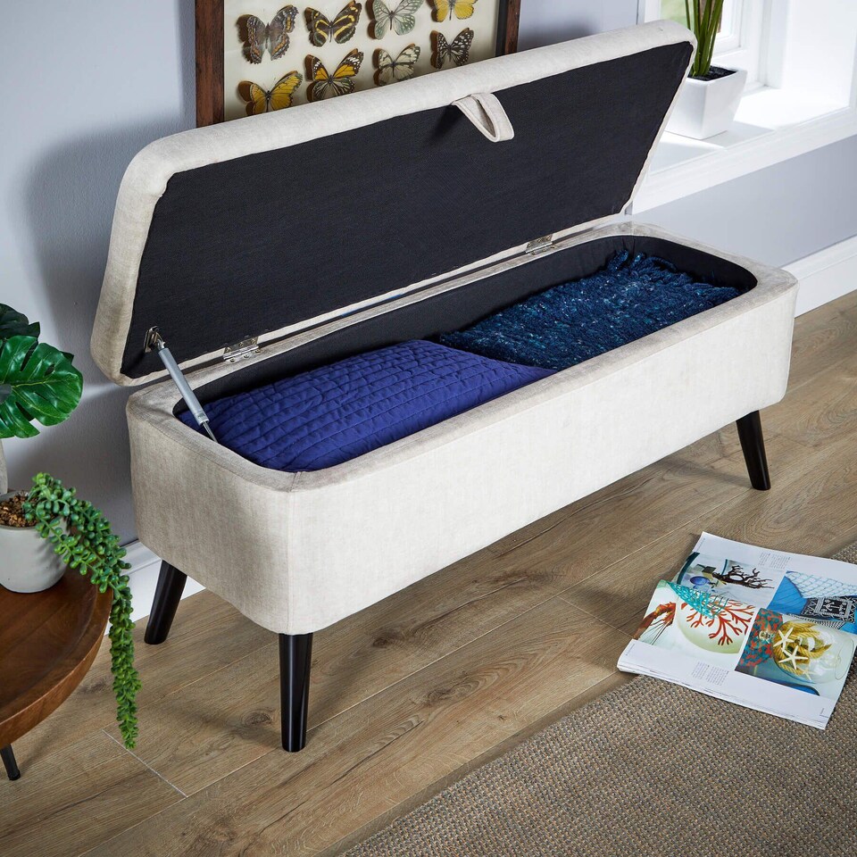 image 1 of Ottoman Box Velvet Fabric Hidden Storage Wooden Legs Home Living | Grey | Grey