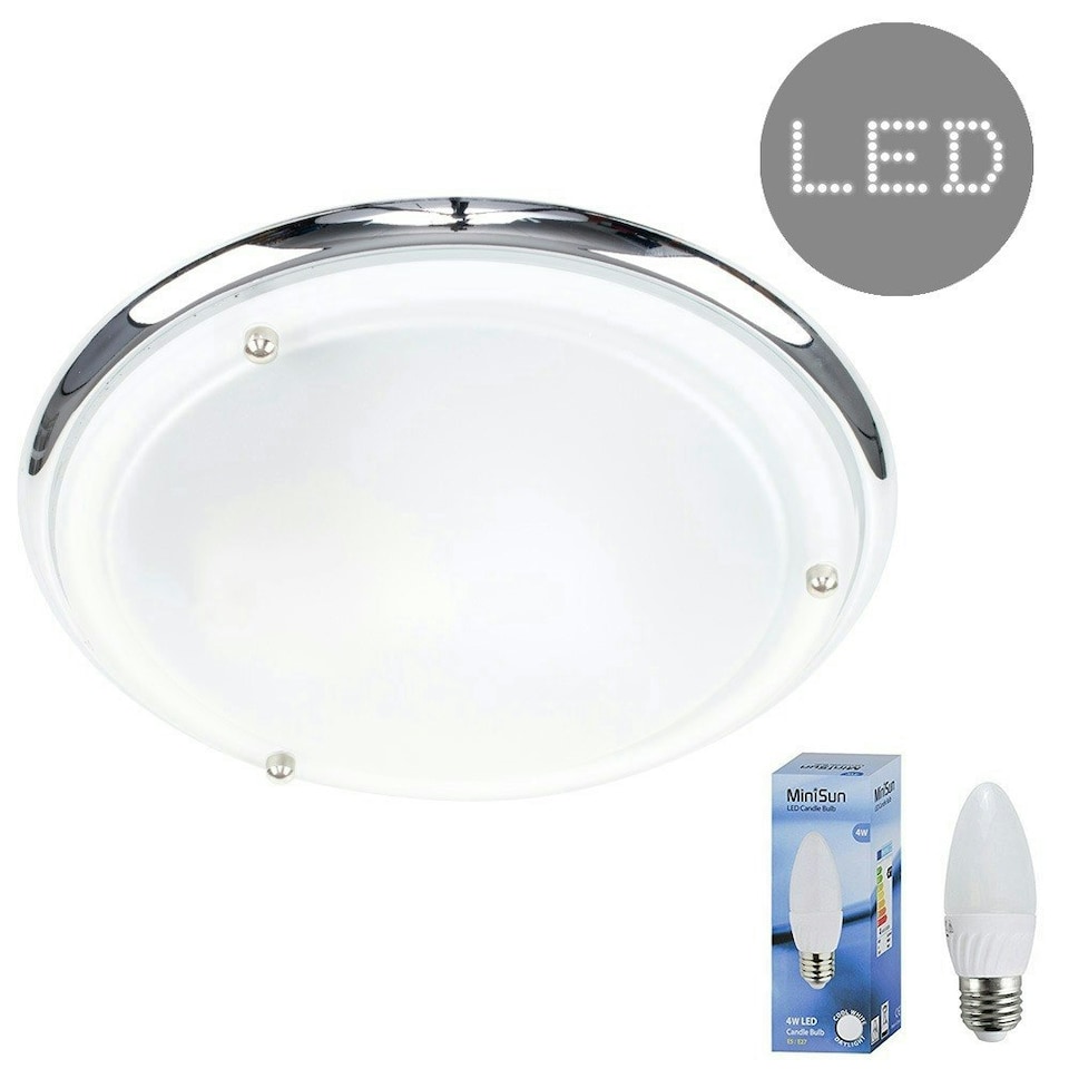 image 1 of ValueLights Flat Chrome Opal Glass IP44 Bathroom Flush Ceiling Light with Cool LED Bulb