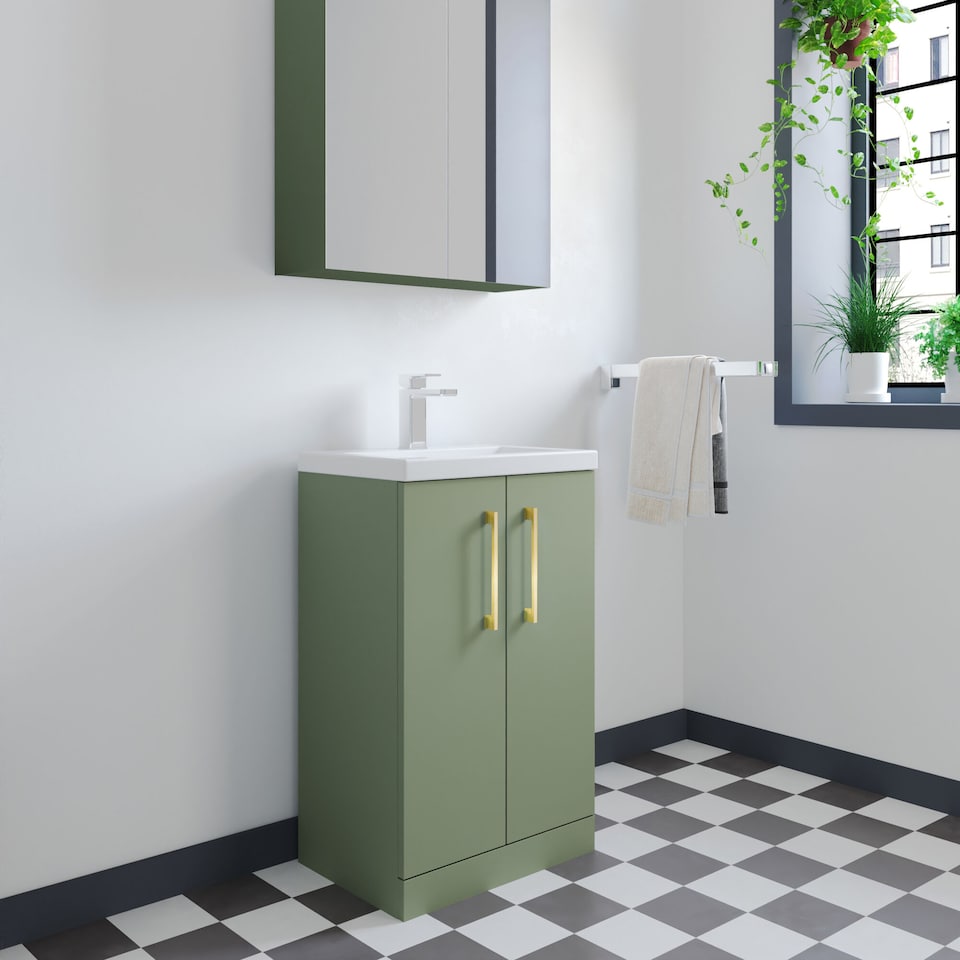 image 1 of Balterley Level Compact Bathroom Cloakroom Vanity Basin Unit with Ceramic Basin, Handles | Green | Satin Green | 840 x 510 x 360mm