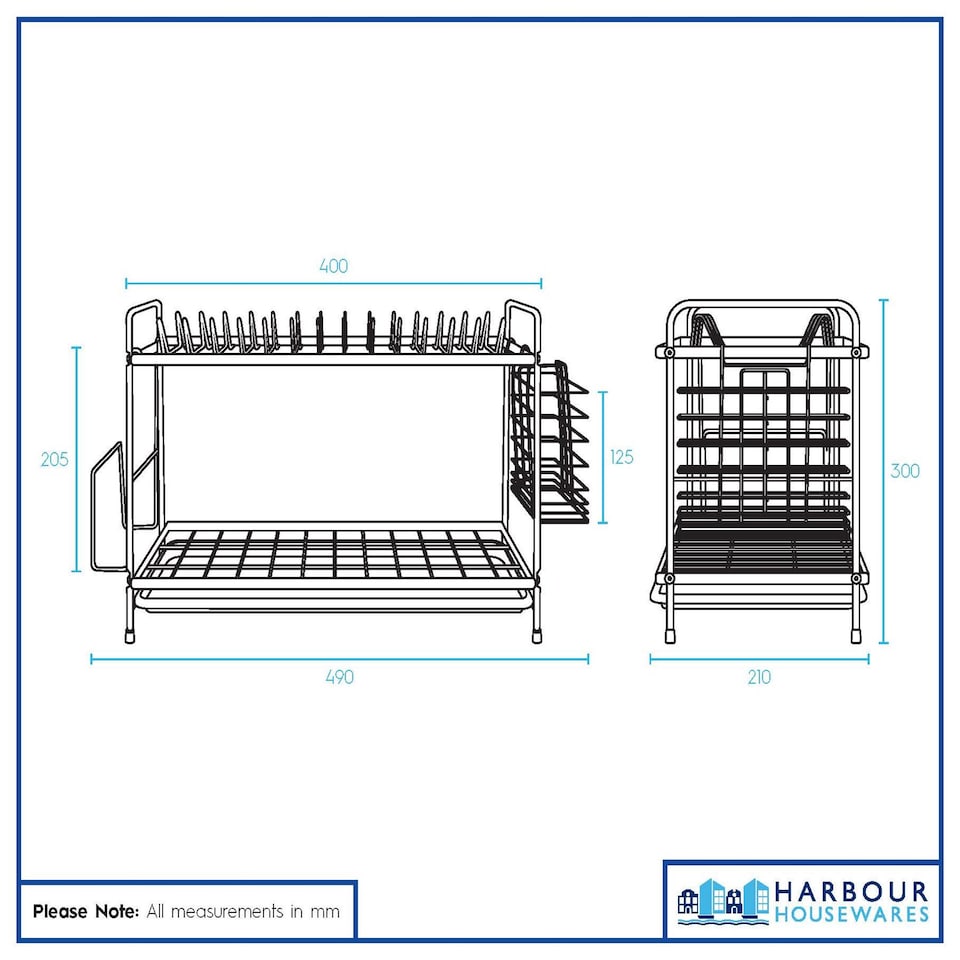 image 1 of Harbour Housewares Metal 2-Tier Dish Drainer Rack with Drip Tray - Black | Black | Black