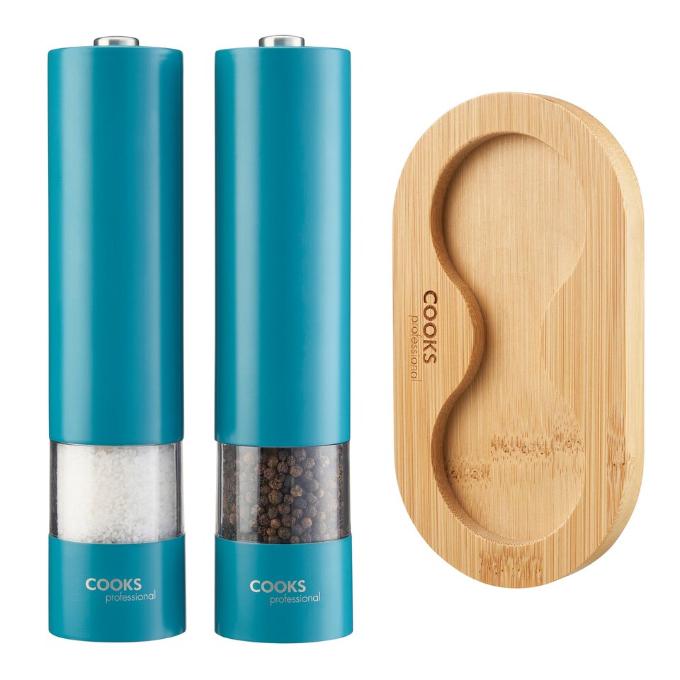 image 1 of Cooks Professional Electric Salt & Pepper Mill Set with Bamboo Base | Blue | Teal