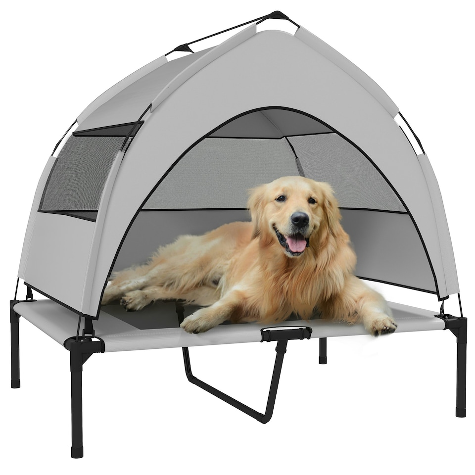 image 1 of PawHut Portable Elevated Dog Bed with Removable Canopy, 92 x 75 x 89 cm Grey | M