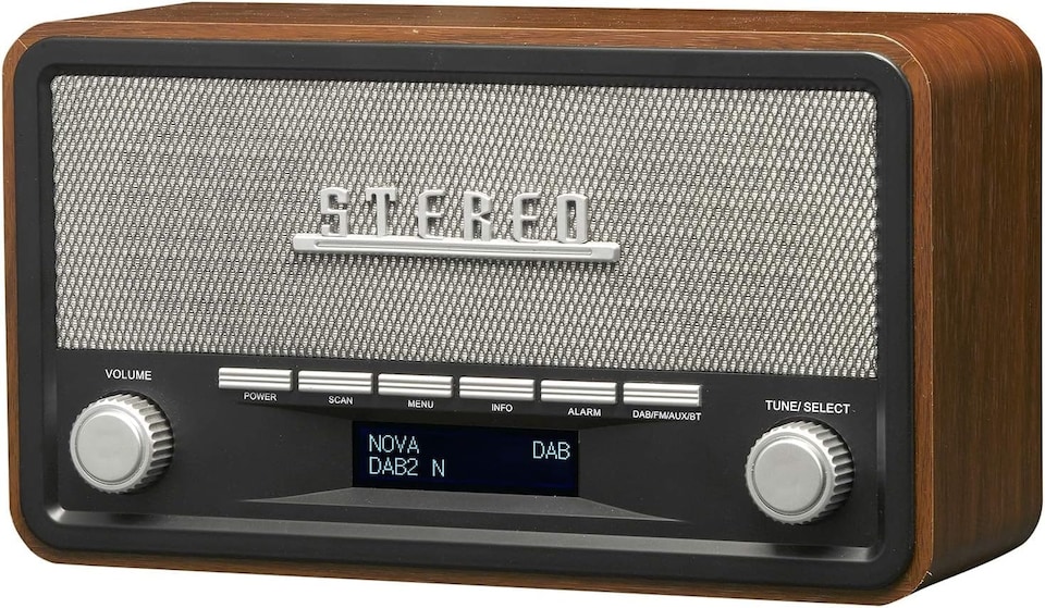 image 1 of Vintage Style Stereo DAB/DAB+ & FM Radio – Grey Wood Cabinet, Bluetooth, Clock Radio Alarm, AUX IN for Smart Phone/Tablet / MP3 Player – Mains or Battery