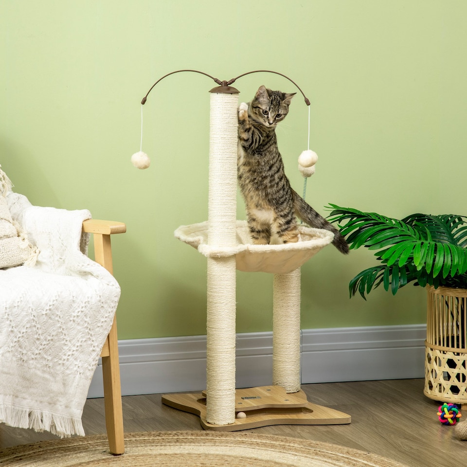 image 1 of PawHut 90cm Cat Tree Tower with Bed, Toy Ball, Scratching Post, Beige