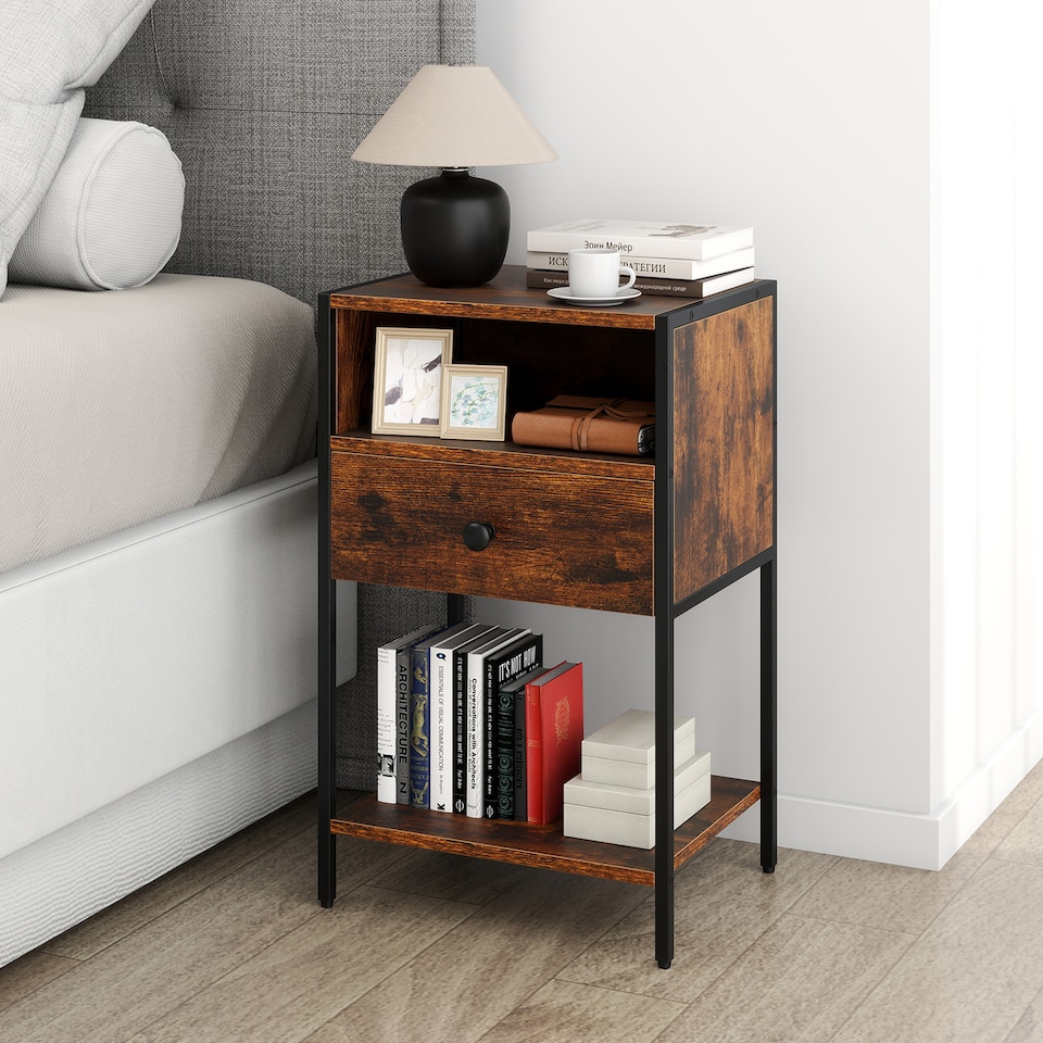 image 1 of COSTWAY Nightstand with drawer Open Compartment Brown