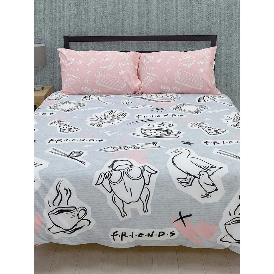 image 1 of Friends Coffee Duvet Cover Set - Pink/Grey/White - Single Pink | Single