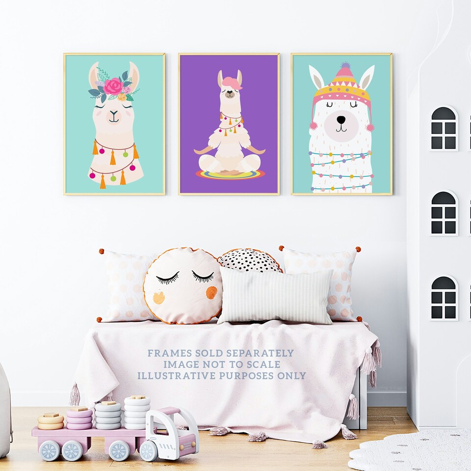 image 1 of Set of 3 Kids Bedroom Happy Llama Yoga Meditation Bright Purple Pastel Blue Wall Art Prints 12x16 Inch