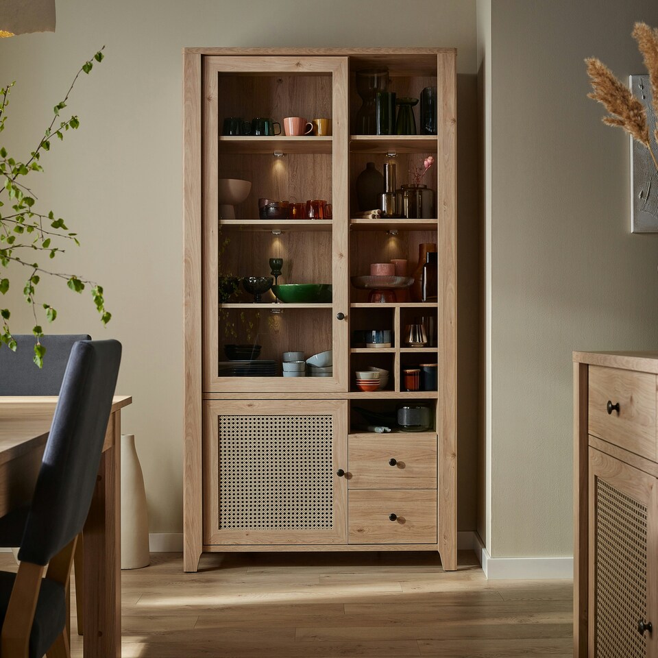 image 1 of Cestino 2 Door 2 Drawer Display Cabinet in Jackson Hickory Oak and Rattan Effect
