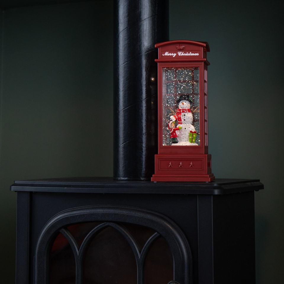 image 1 of 25cm Battery Operated Light up Christmas Phone Box Water Spinner with Snowman Scene & LEDs