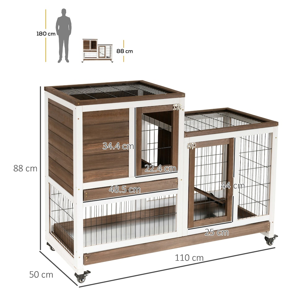 image 1 of PawHut Rabbit Hutch, Guinea Pig House Cage w/ Wheels & Enclosed Run, Brown