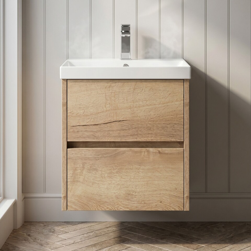 image 1 of Balterley Chartley Contemporary 2 Drawer Wall Hung Vanity Unit with Thin Edge Basin, Autumn Oak, 500mm