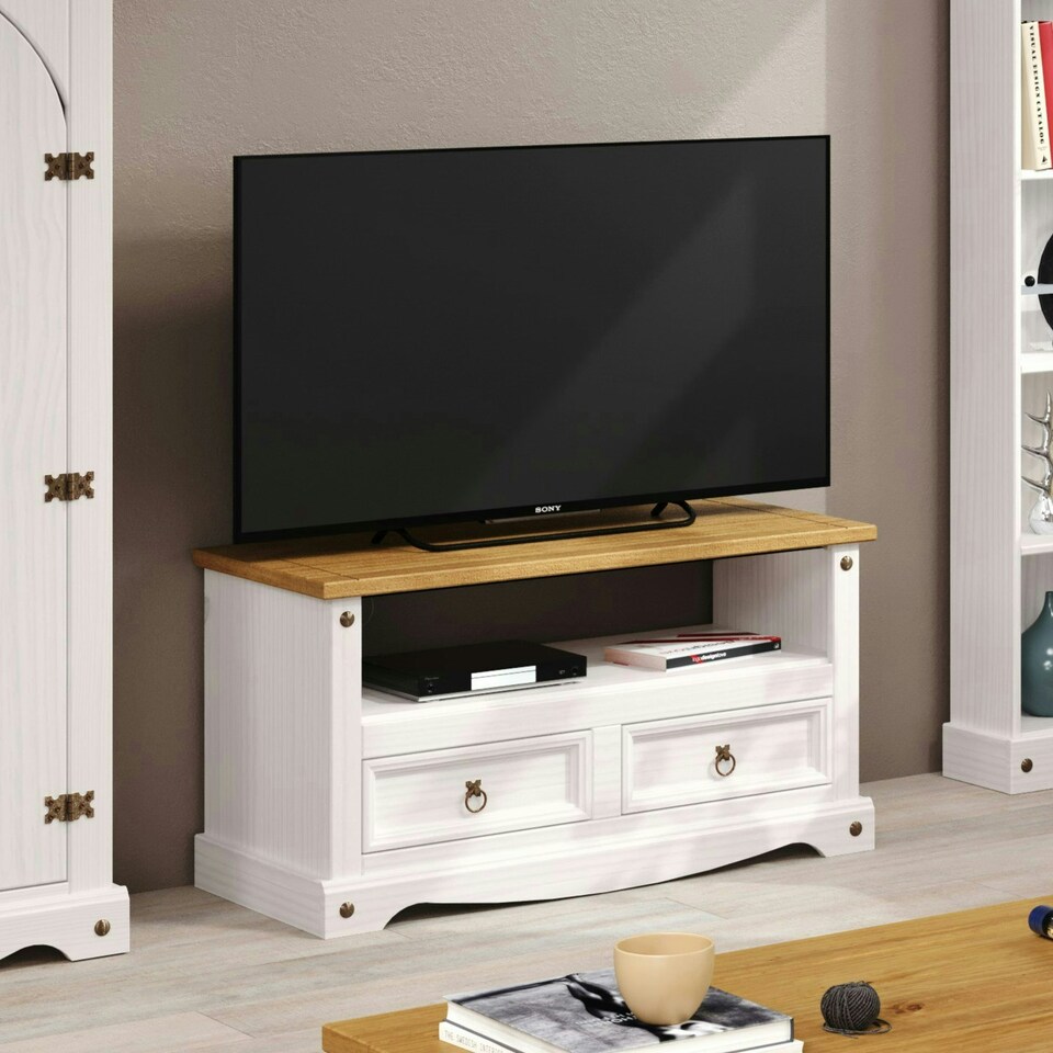image 1 of Corona Flat Screen TV Unit - Antique Waxed Pine Media Cabinet with Drawers, Shelf, and Traditional Mexican Design | White | White | 1