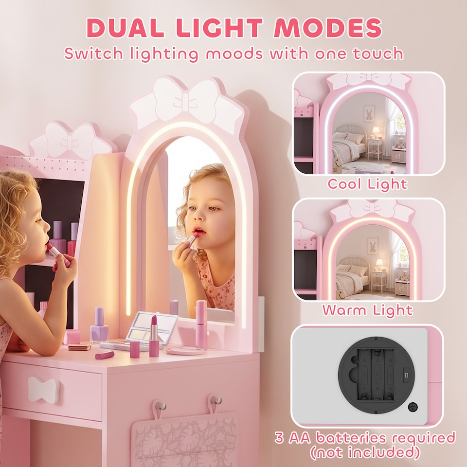 image 1 of AIYAPLAY Kids Dressing Table with Stool, 2-Colour Lights Mirror, Pink