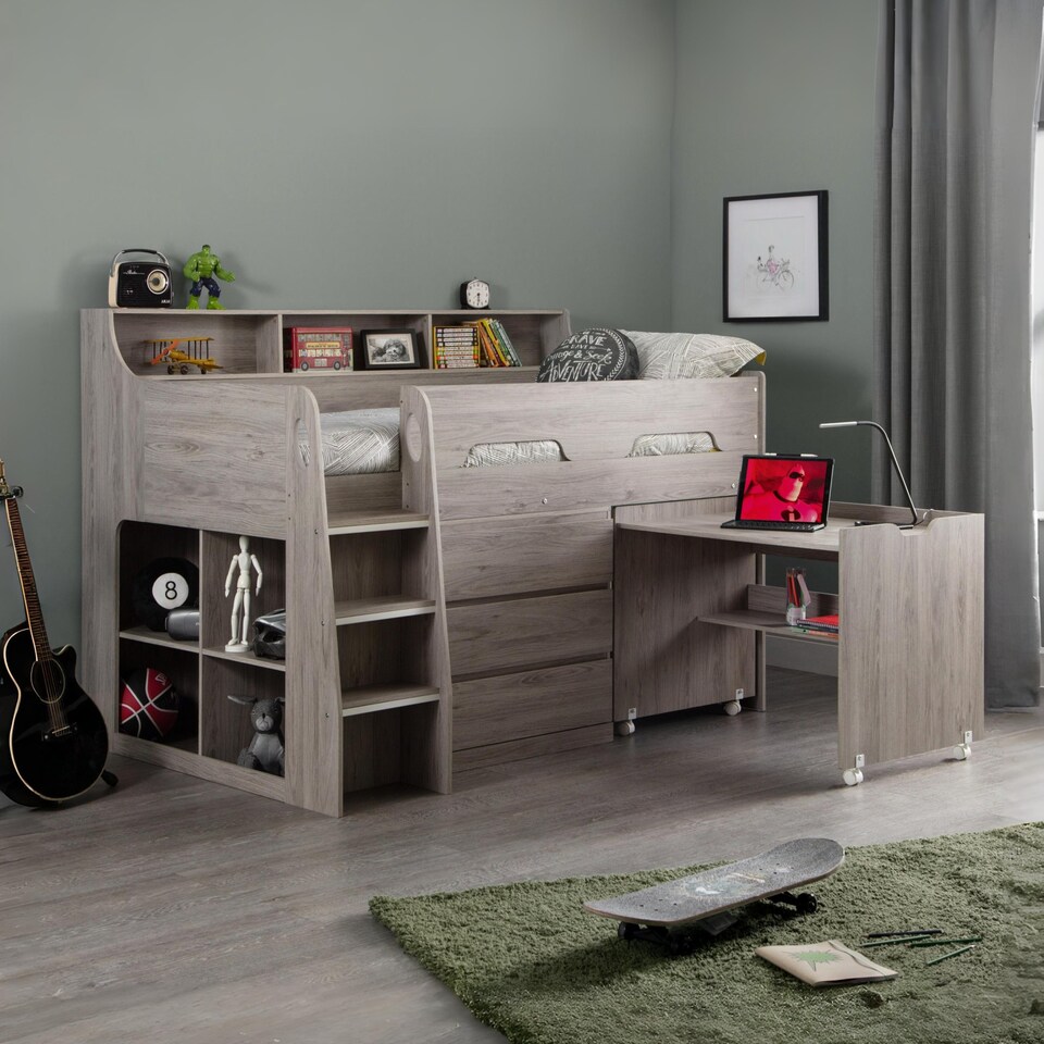 image 1 of Jupiter Mid Sleeper with Pull-Out Desk and Storage - Grey Oak Effect, Single