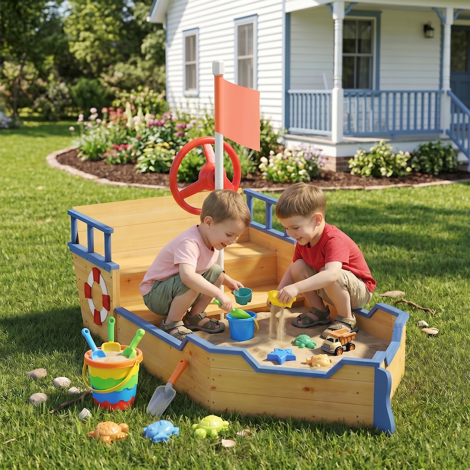 image 1 of Outsunny Kids Wooden Sandbox, Pirate Ship Sand Pit w/ Bench, Storage Space | Yellow | Natural wood finish