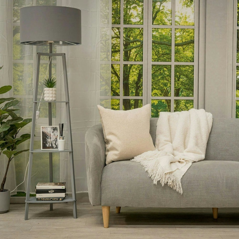 image 1 of ValueLights Hiru Painted Tripod Shelved Grey Floor Lamp Base Grey