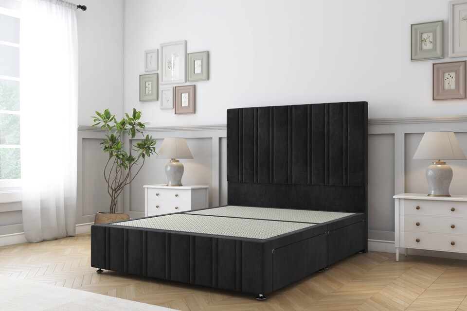 image 1 of Sloomy Langston Black Naples Divan Bed Base No Drawers With 54 Inch Floor Standing Headboard & 12 Inch Matching Footboard | Black | Black | Double | 1