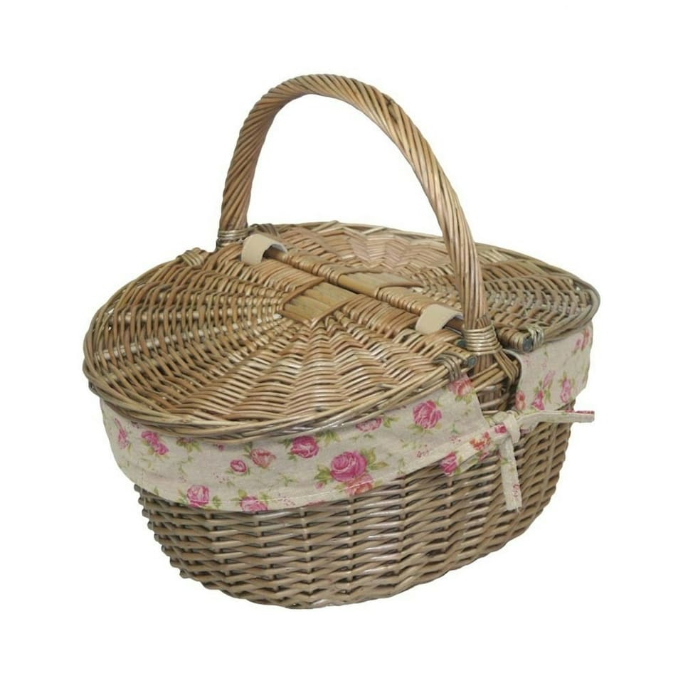 image 1 of Antique Wash Finish Oval Lined Picnic Basket | Multi | Garden Rose | One Size