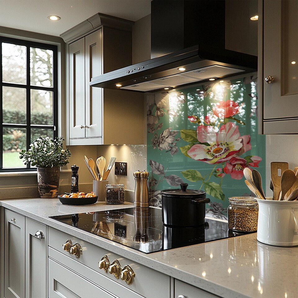 image 1 of Bright Flower On Green Splash Back | White