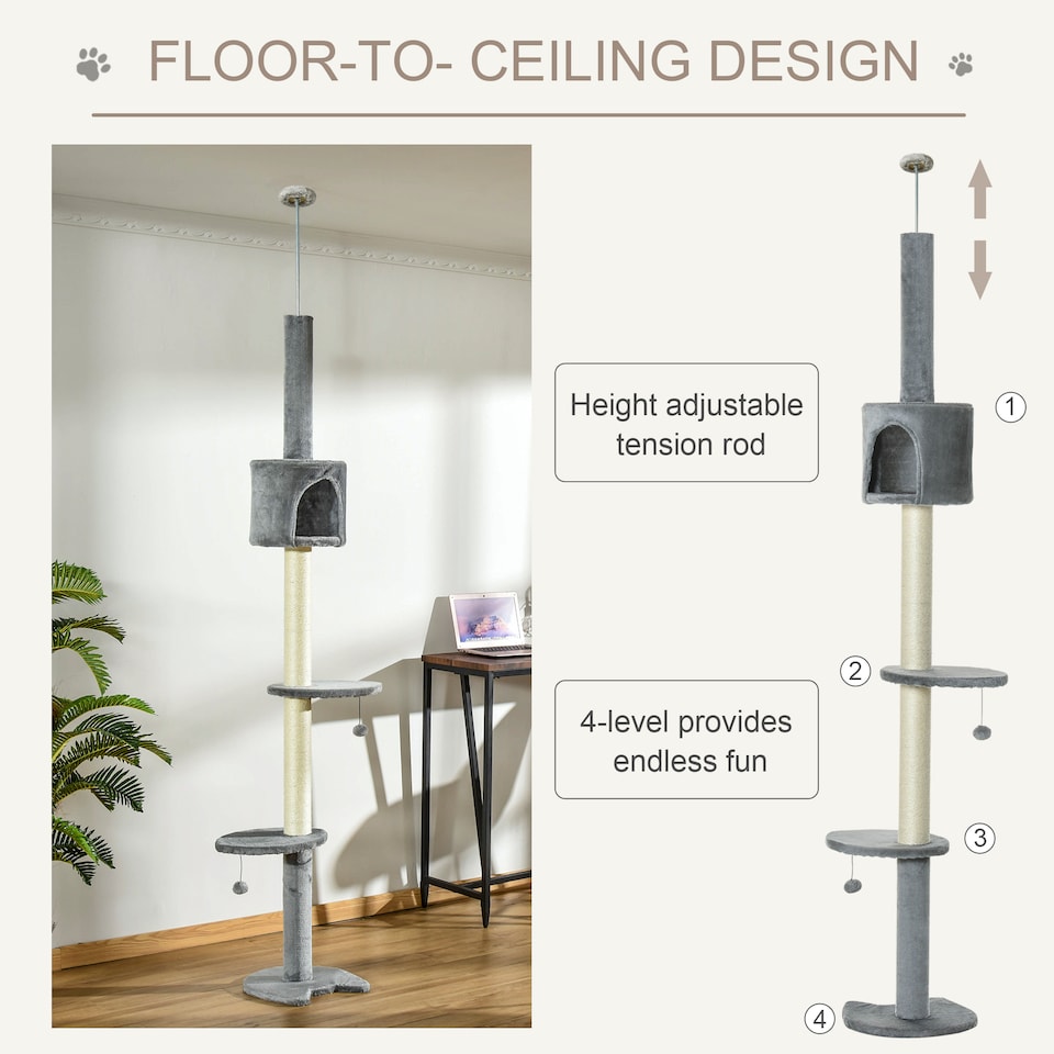 image 1 of PawHut Floor to Ceiling Cat Tree with Condo Scratching Post, Light Grey