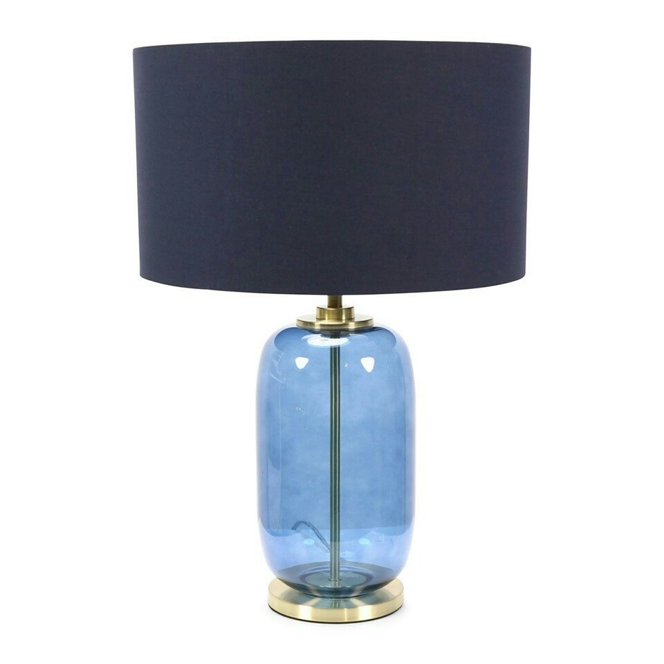 image 1 of ValueLights Leigh Navy Blue Fabric Drum Shade with Navy Blue Glass and Gold Trim Table Lamp with Bulb