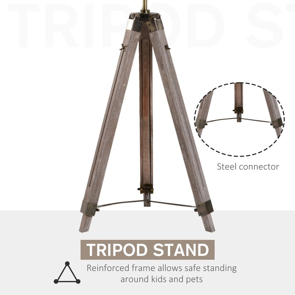 image 1 of HOMCOM Industrial Tripod Floor Lamp Wood Height Adjustable Spotlight Bronze
