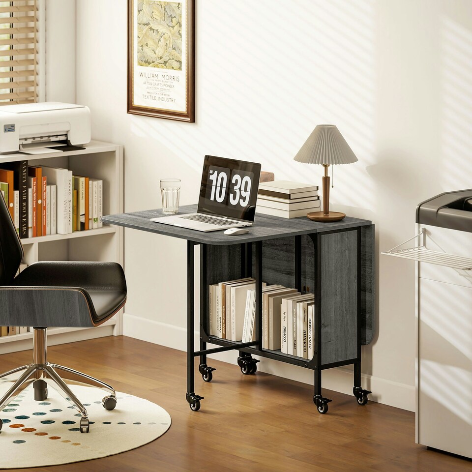 image 1 of HOMCOM Mobile Drop Leaf Dining Table on Wheels with Storage Shelf Grey