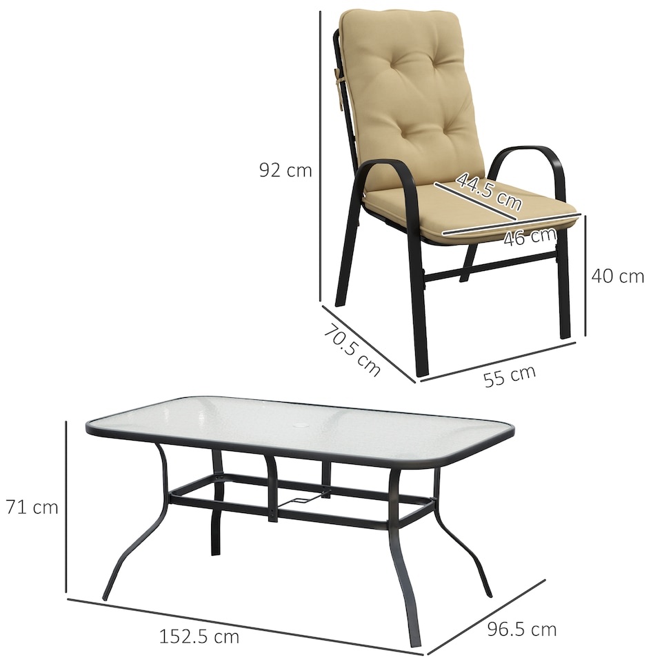 image 1 of Outsunny 7 Pieces Garden Dining Set, Outdoor Rectangular Dining Table and 6 Cushioned Armchairs, Tempered Glass Top Table w Umbrella Hole, Texteline Seats, Beige