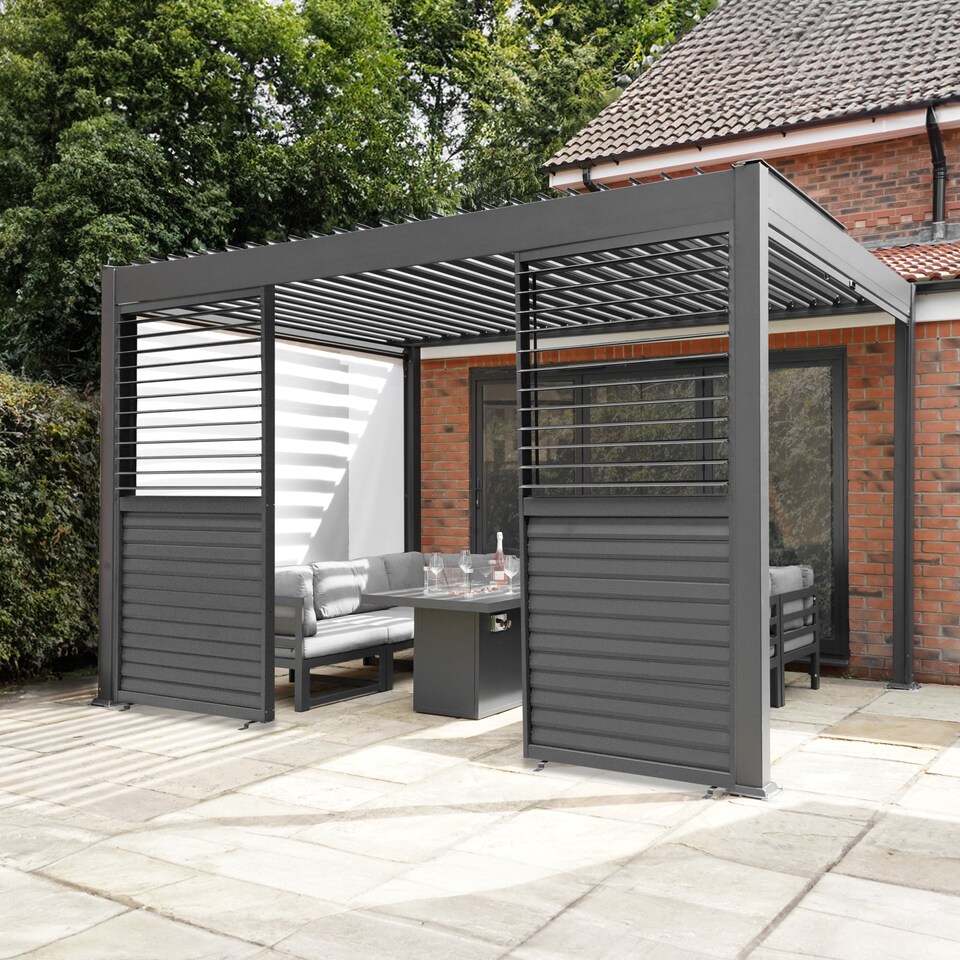 image 1 of Anthracite Aluminium Pergola With White Blinds & 2 Shutter Panels - 3m x 3m