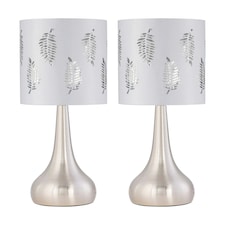 Set of 2 Romana - Brushed Chrome Touch Lamps with White Fern Shades Silver | White