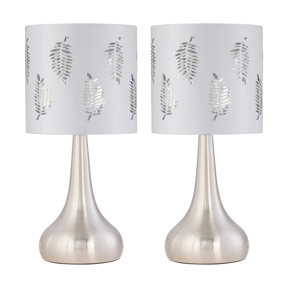 image 1 of Set of 2 Romana - Brushed Chrome Touch Lamps with White Fern Shades Silver | White