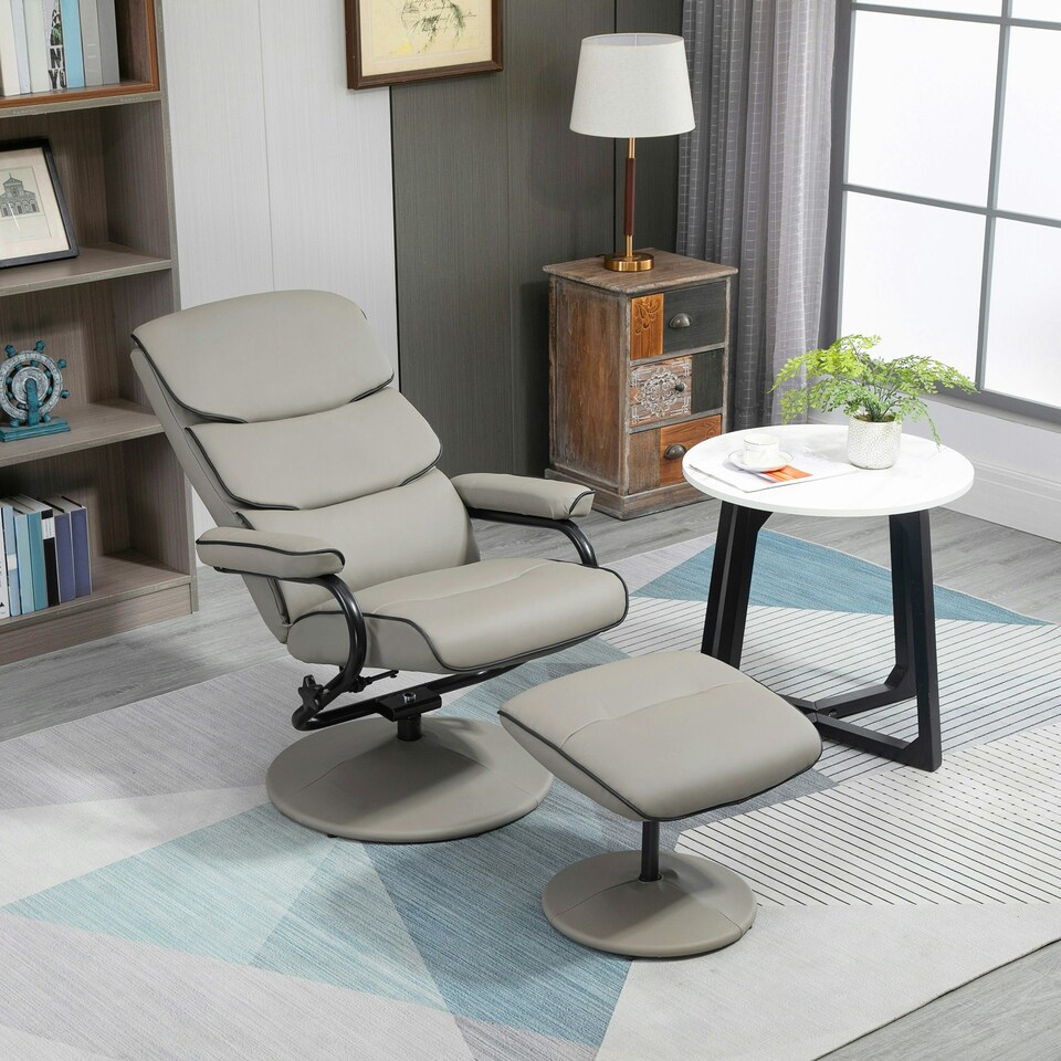 image 1 of HOMCOM Faux Leather Recliner Chair w/ Ottoman Swivel Lounge Seat w/ Footstool
