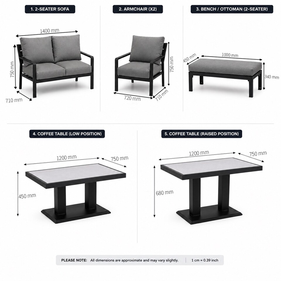 image 1 of 4 Seater 5 Piece Aluminium Garden Sofa Dining Set with Gas Lift Table, Ottoman Bench & Grey Cushions