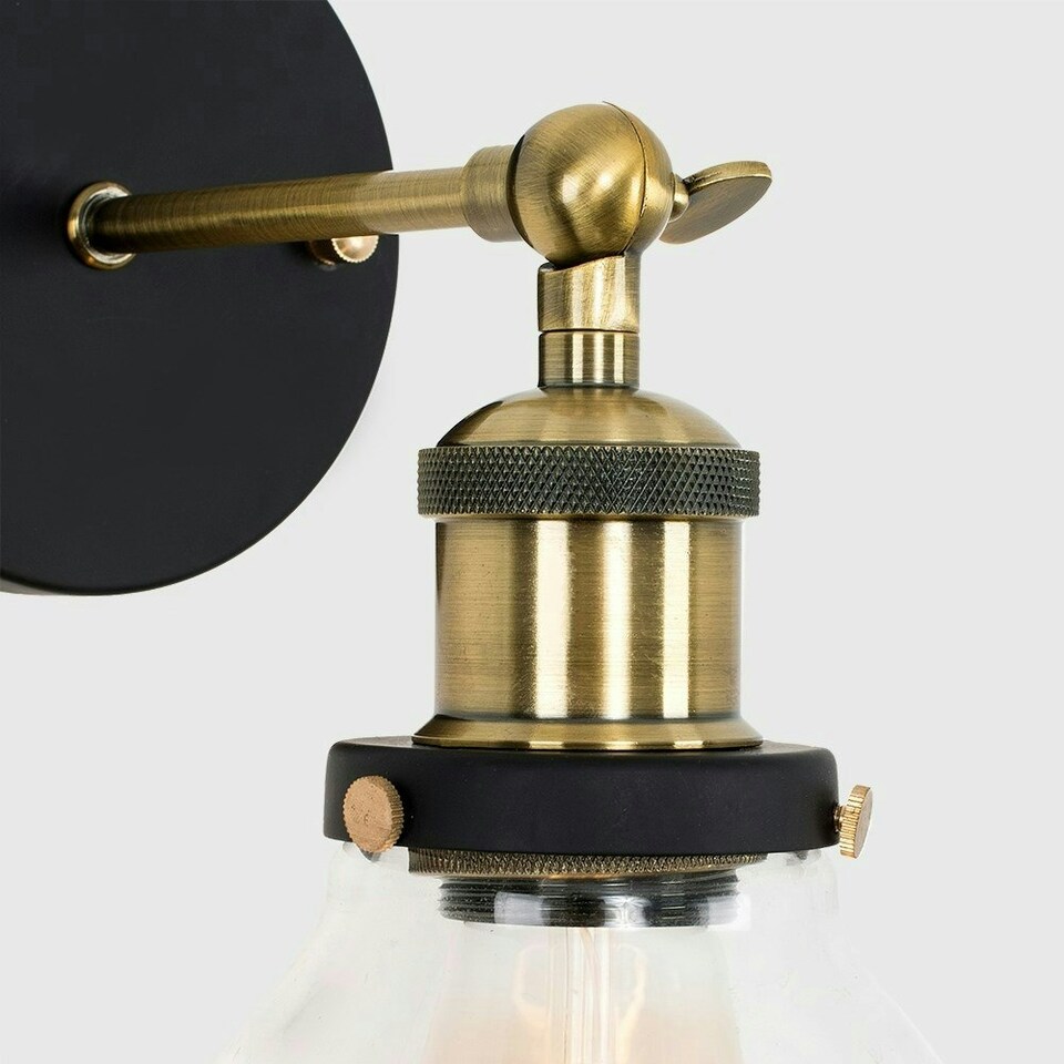 image 1 of ValueLights Industrial Black And Gold Wall Light Fitting With Clear Glass Wide Light Shade