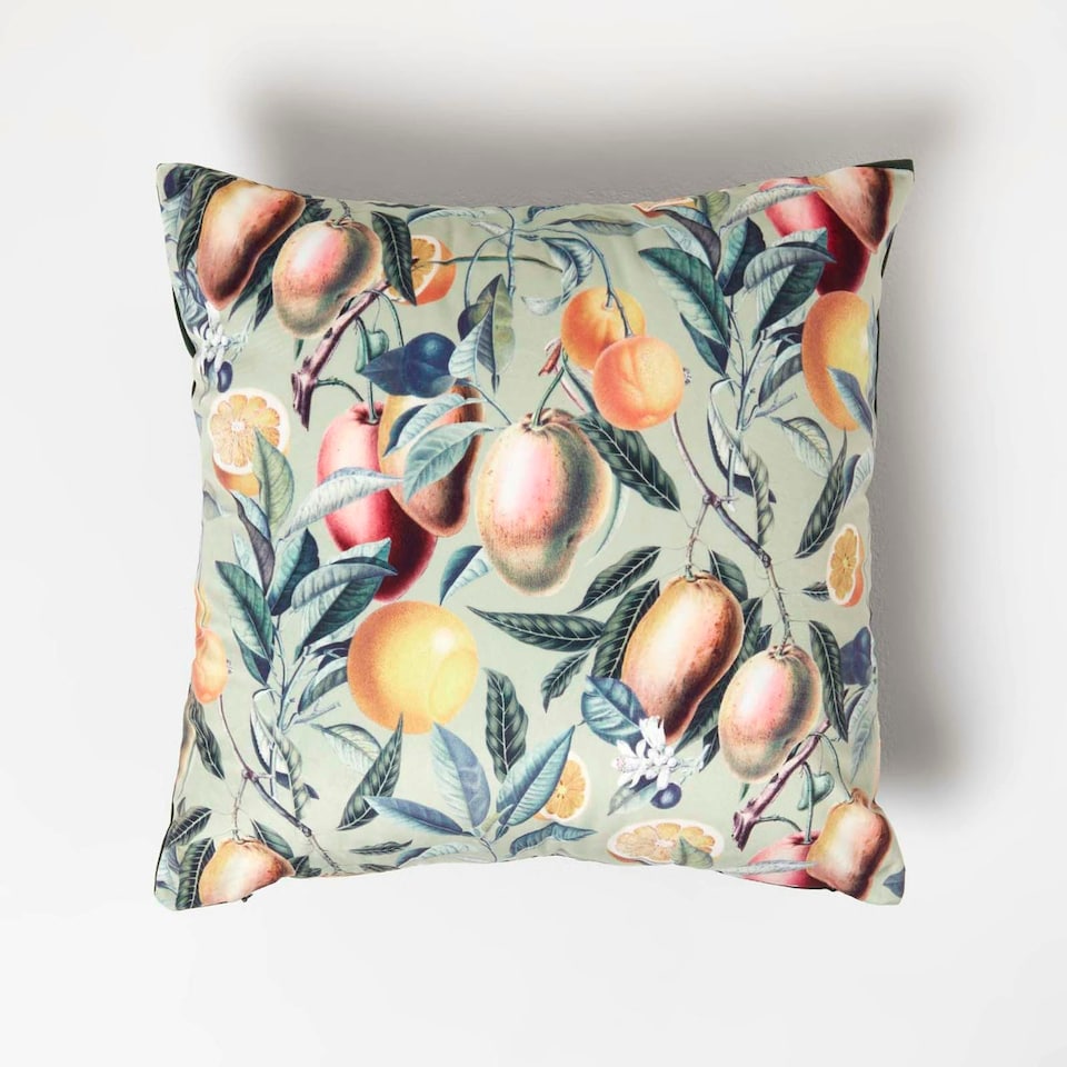 image 1 of Homescapes Mango Tree Green Filled Velvet Cushion - 46 x 46 cm | Green | 46 x 46 cm | 1
