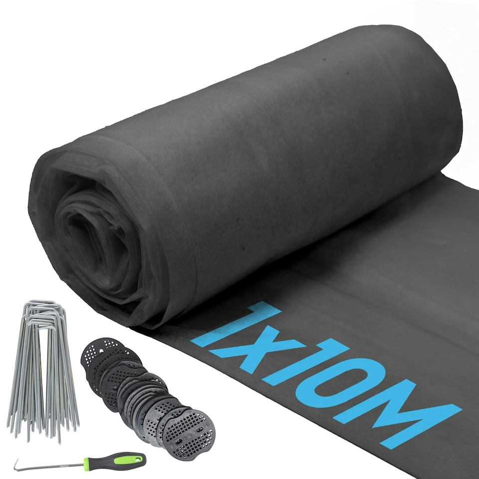 image 1 of Harbour Housewares Weed Control Membrane Set with Pegs & Plates - 1M x 10M (1 Roll) - Weed Fabric Garden Membrane Weed Membrane Flower Bed Membrane | White | 1m x 10m