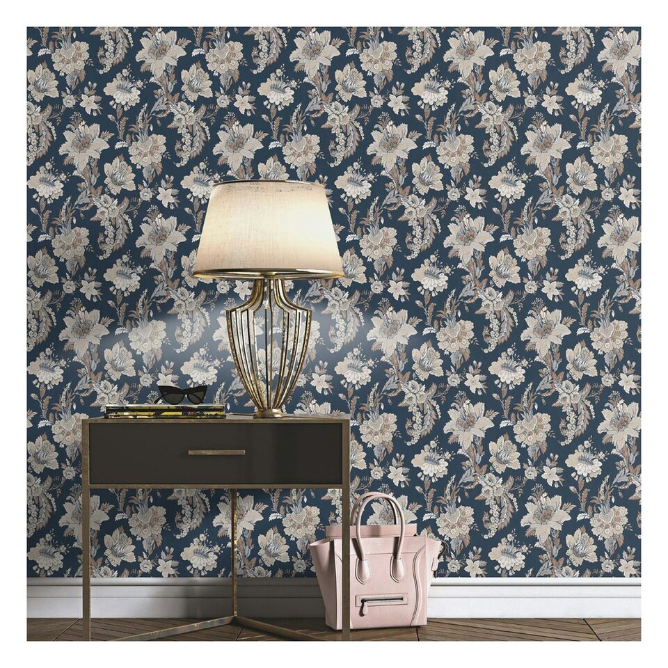 image 1 of Erismann Abode Edward Floral Damask Wallpaper - Navy - 10m x 53cm | Blue