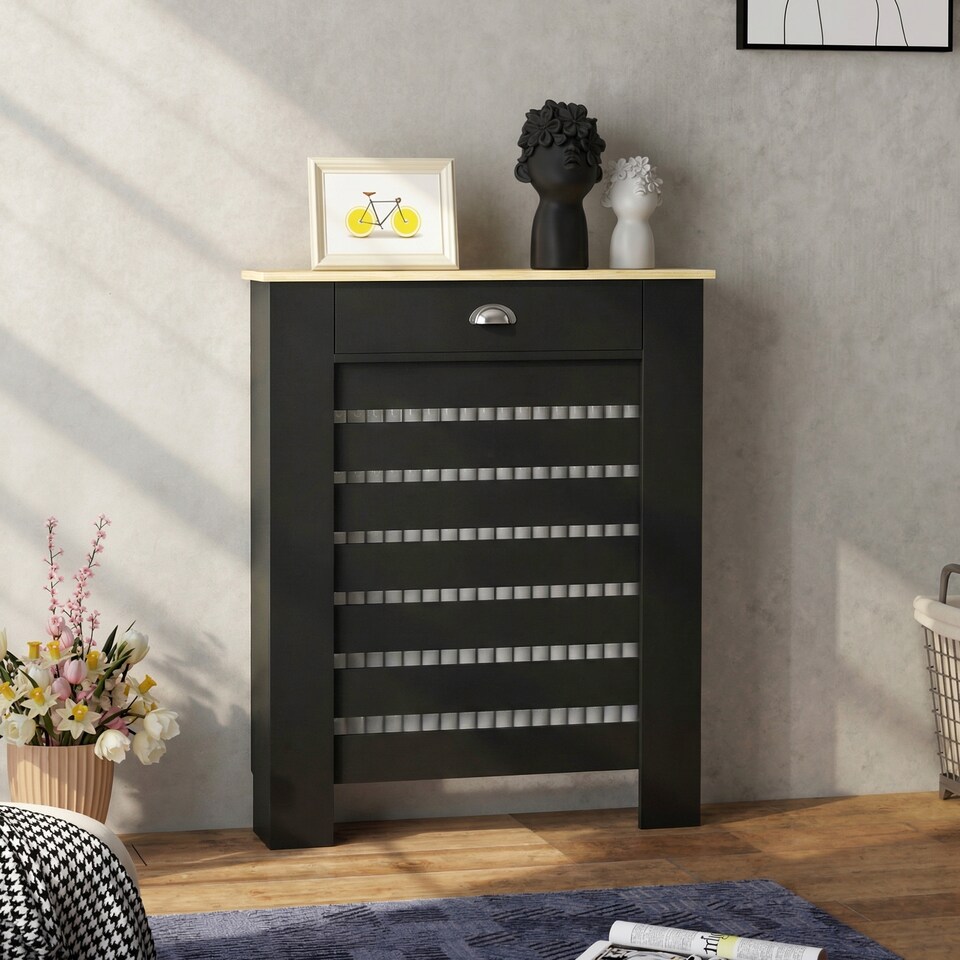 image 1 of HOMCOM Radiator Cover with Drawer, Horizontal Slat, 78cm | Black | Black | 78W x 19D x 95.5H cm