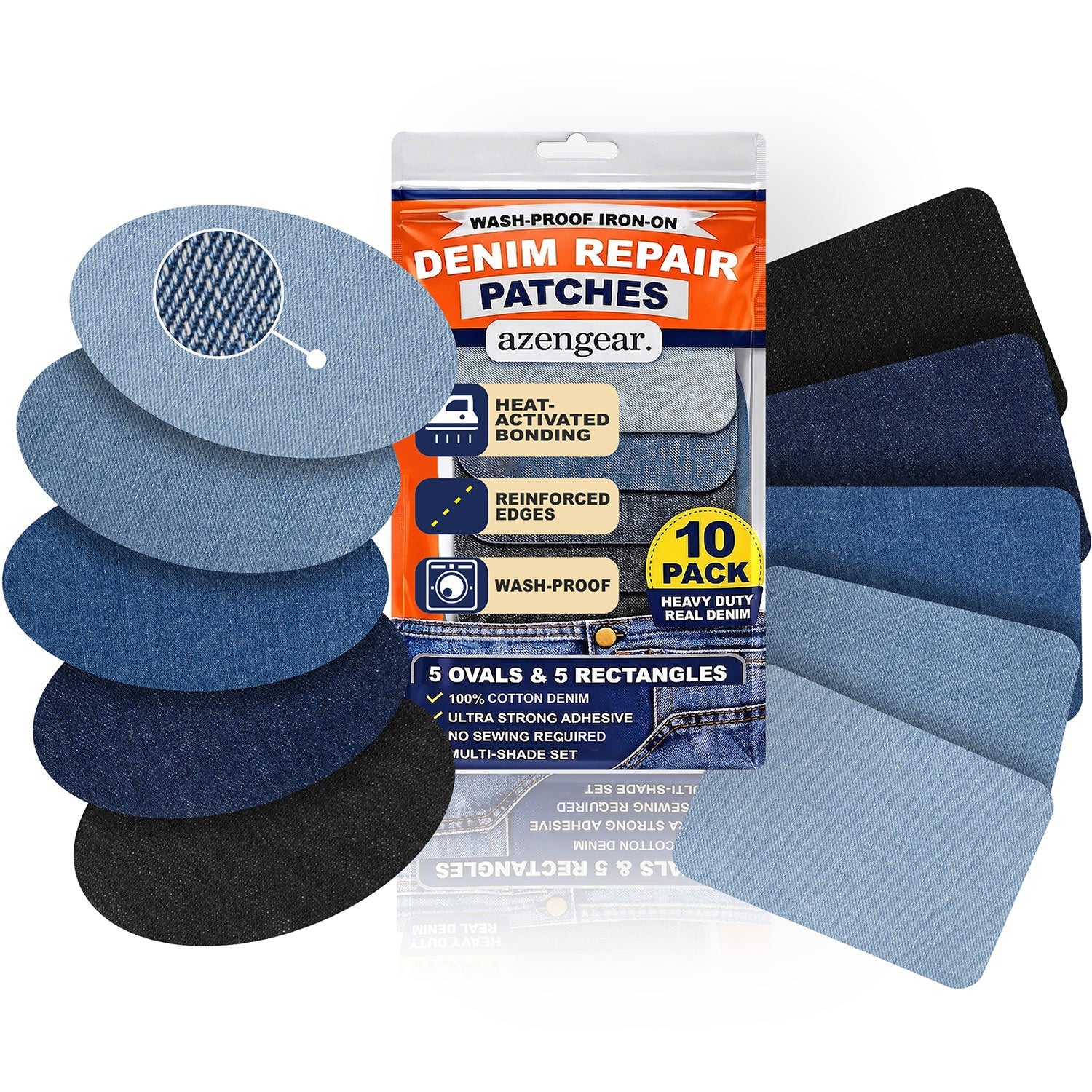 Iron-On Denim Repair Patches for Jeans (10 Pack) - 100% Cotton Heavy Duty, Wash-Proof
