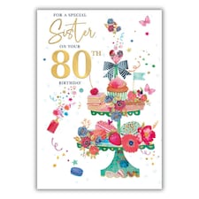 Words 'n' Wishes Sister's 80th Birthday Card, Floral Cupcake Stand Design, Gold Foil Finish