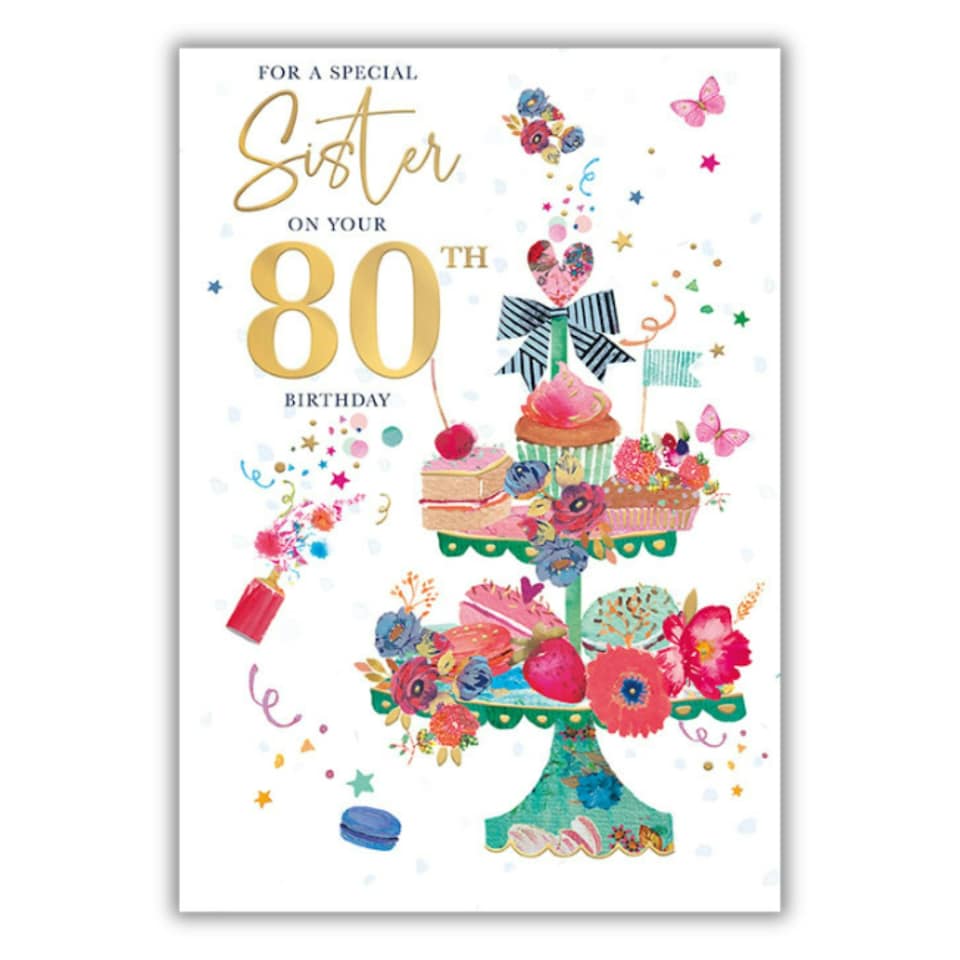 image 1 of Words 'n' Wishes Sister's 80th Birthday Card, Floral Cupcake Stand Design, Gold Foil Finish