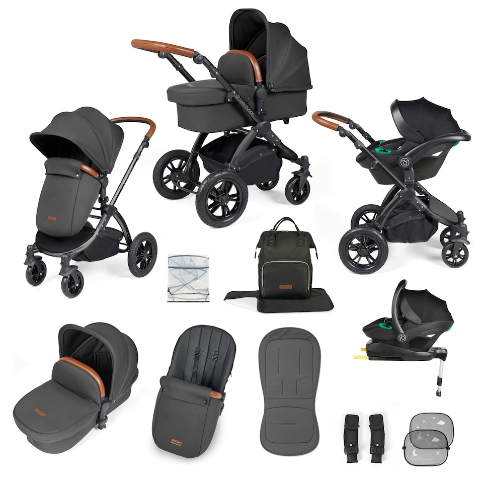 image 1 of Stomp Luxe 12pc Travel System with Stratus i-Size Car Seat & ISOFIX Base, Carrycot, Reversible Seat, Rain Cover & More (Black/Charcoal Grey/Tan)