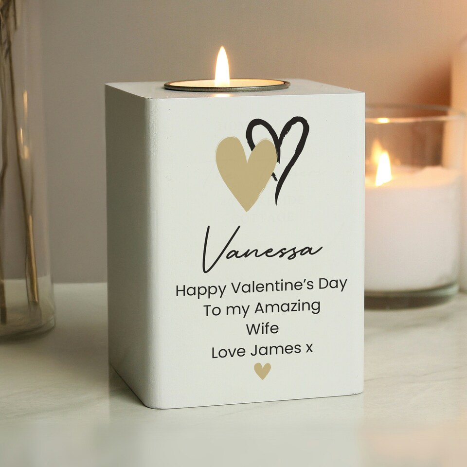 image 1 of Personalised Hearts Wooden Tealight Holder White