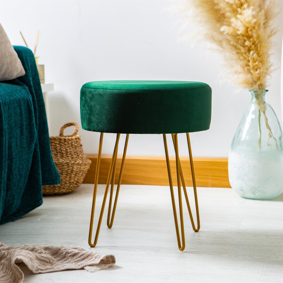 image 1 of Harbour Housewares Round Velvet Footstool - 35 x 40cm - Green | Green | Green/Gold